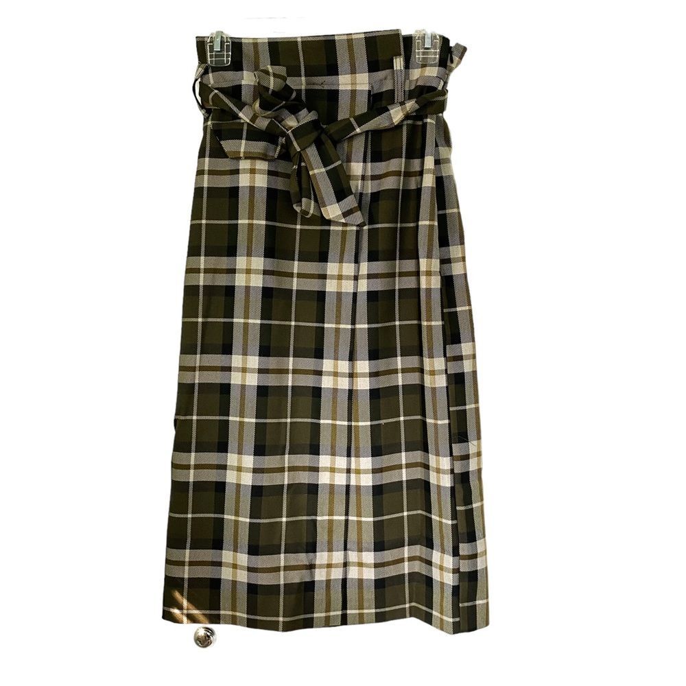 H&M Green Plaid Zipper Tie Waist Midi Straight Pencil Office Skirt Size 4